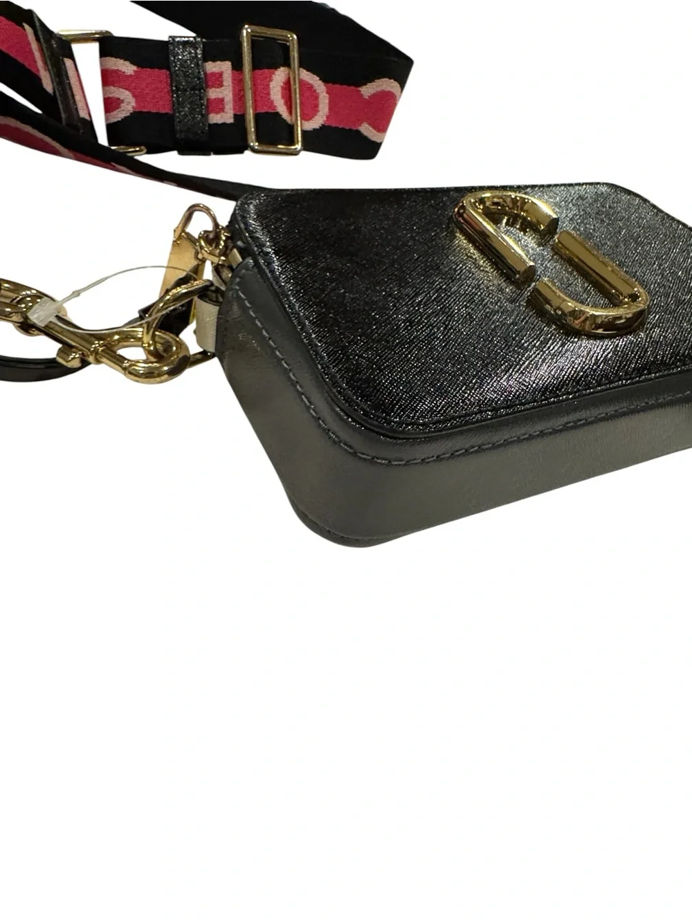 Marc Jacobs Black The Snapshot Crossbody Camera Bag with Pink Accent Strap Auth